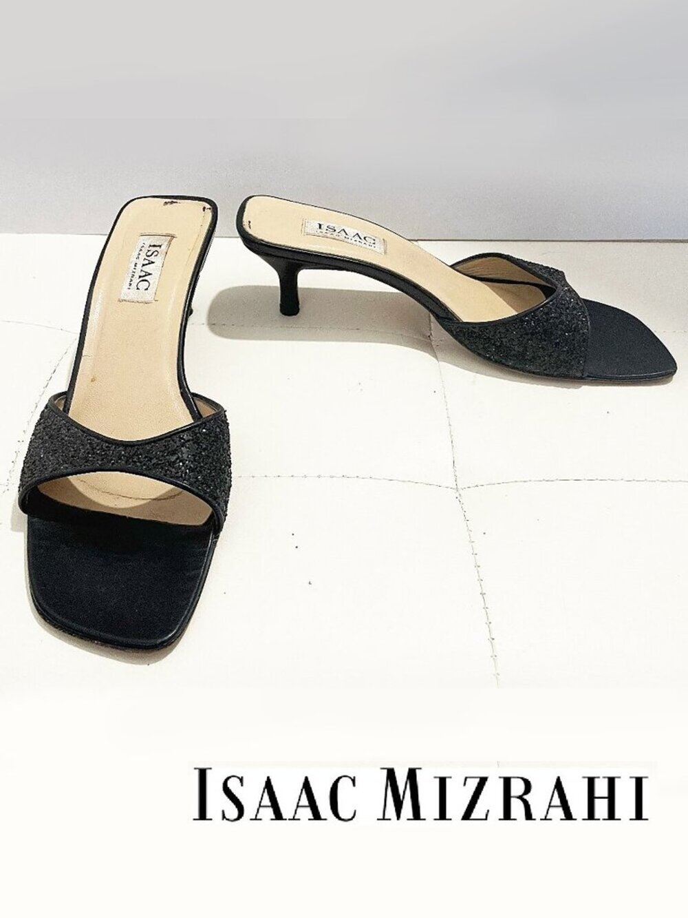 Vintage Isaac Mizrahi Black Open-Toe Mules Heels with Glitter Detail | Size 10B